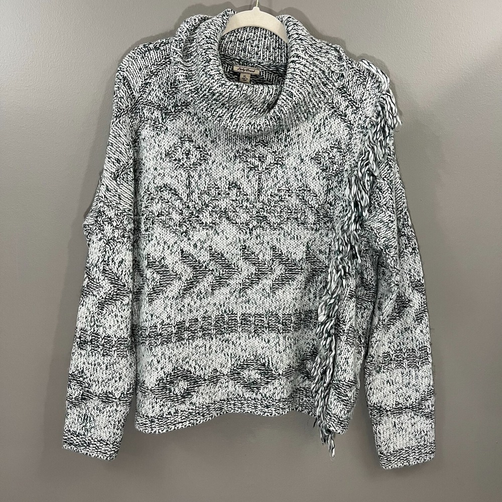 Lucky Brand Sweater Women's XL Green White Cowl Neck Aztec Fringe Wool Blend